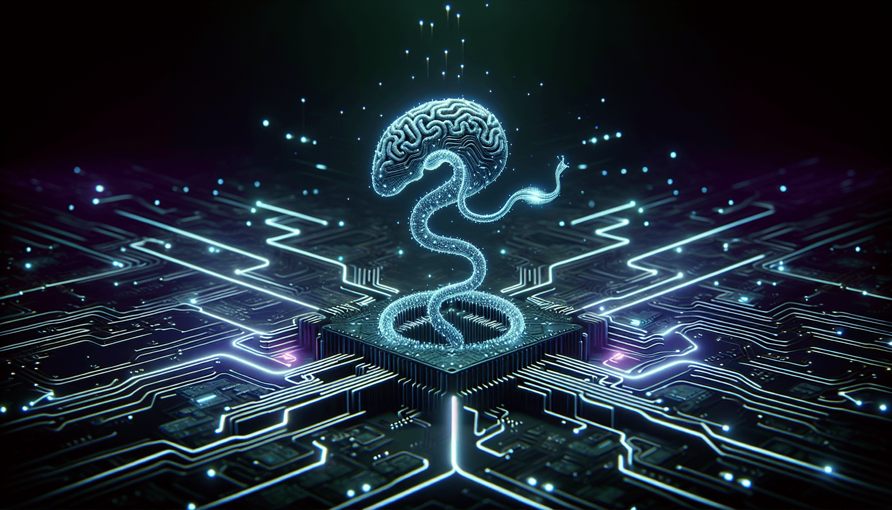 Abstract digital illustration of an AI neural network recursively building itself, with glowing cyan and purple circuits forming a brain-like ouroboros loop against a dark background